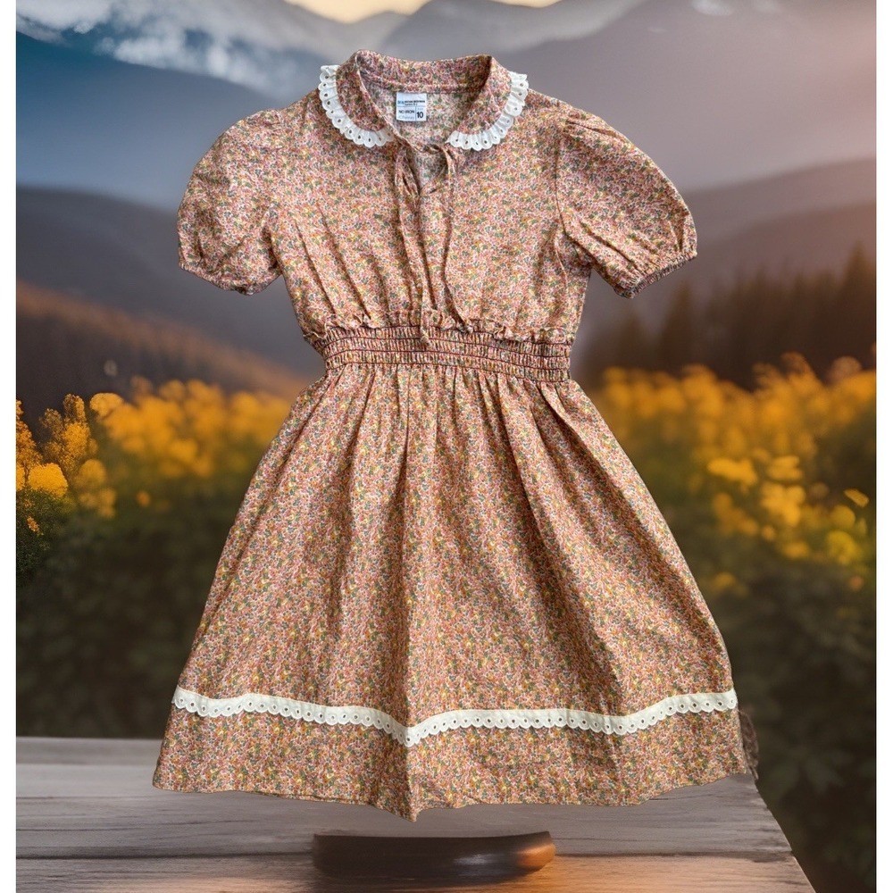 Vtg JC Penney Girls Prairie Dress Calico Floral Eyelet Trim Sz 10 Western